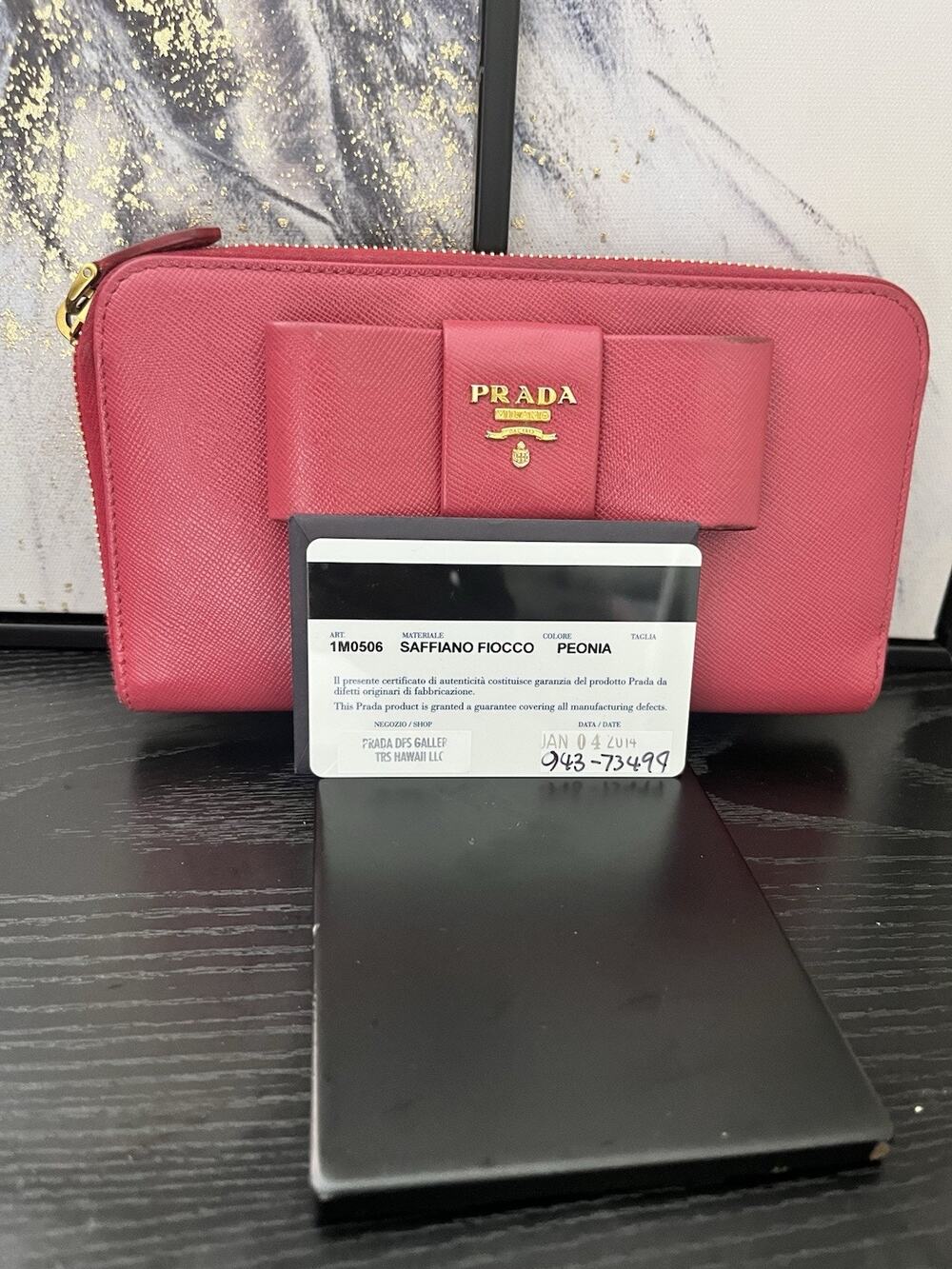 PRADA Pink Saffiano Leather Zip-Around Wallet With A Bow Accent